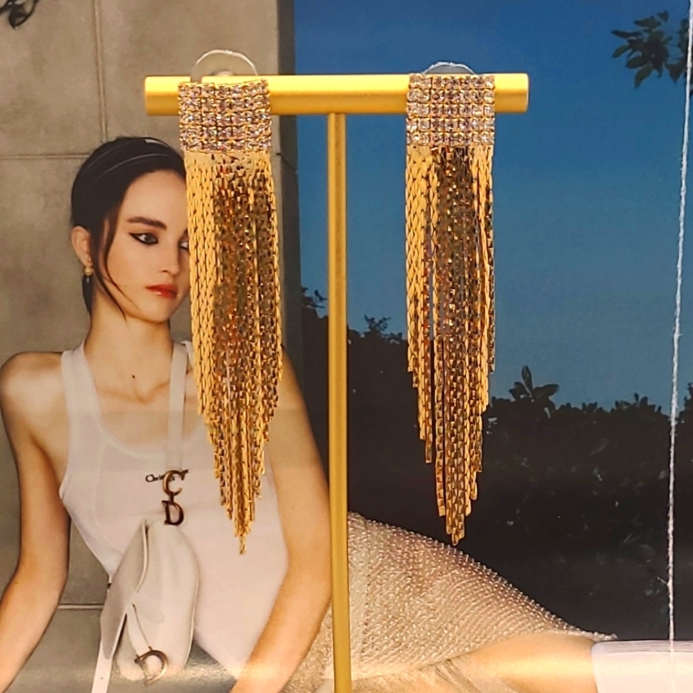 Vintage Signed Graziano AB Crystal Silky Liquid Chain Metal Gold Dangle Earrings